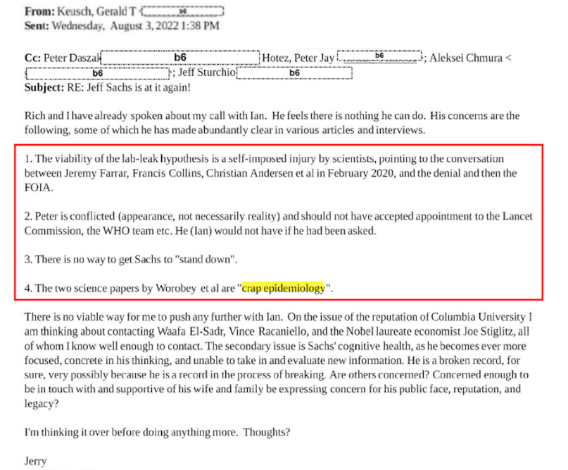 Gerald Keusch internal email, 3 August 2022, reporting W. Ian Lipkin's assessment of the Worobey and Pekar Science papers as 'crap epidemiology'