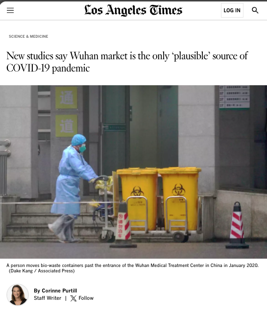 Los Angeles Times headline amplifying the market-zoonosis hypothesis as settled, 2022