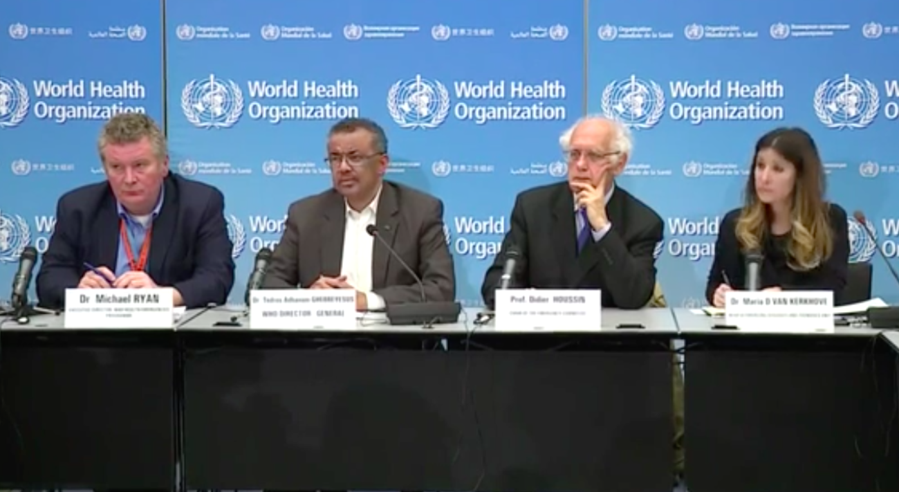 WHO press conference announcing the PHEIC, 30 January 2020 — Michael Ryan, Tedros Adhanom Ghebreyesus, Didier Houssin, and Maria Van Kerkhove