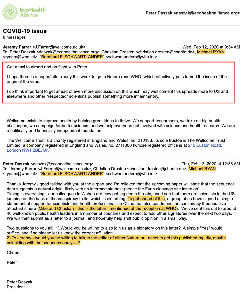 FOIA document: Farrar's 12 February 2020 email to Ryan, Schwartländer, and Drosten, seeking a paper to 'effectively put to bed the issue of the origin of the virus'