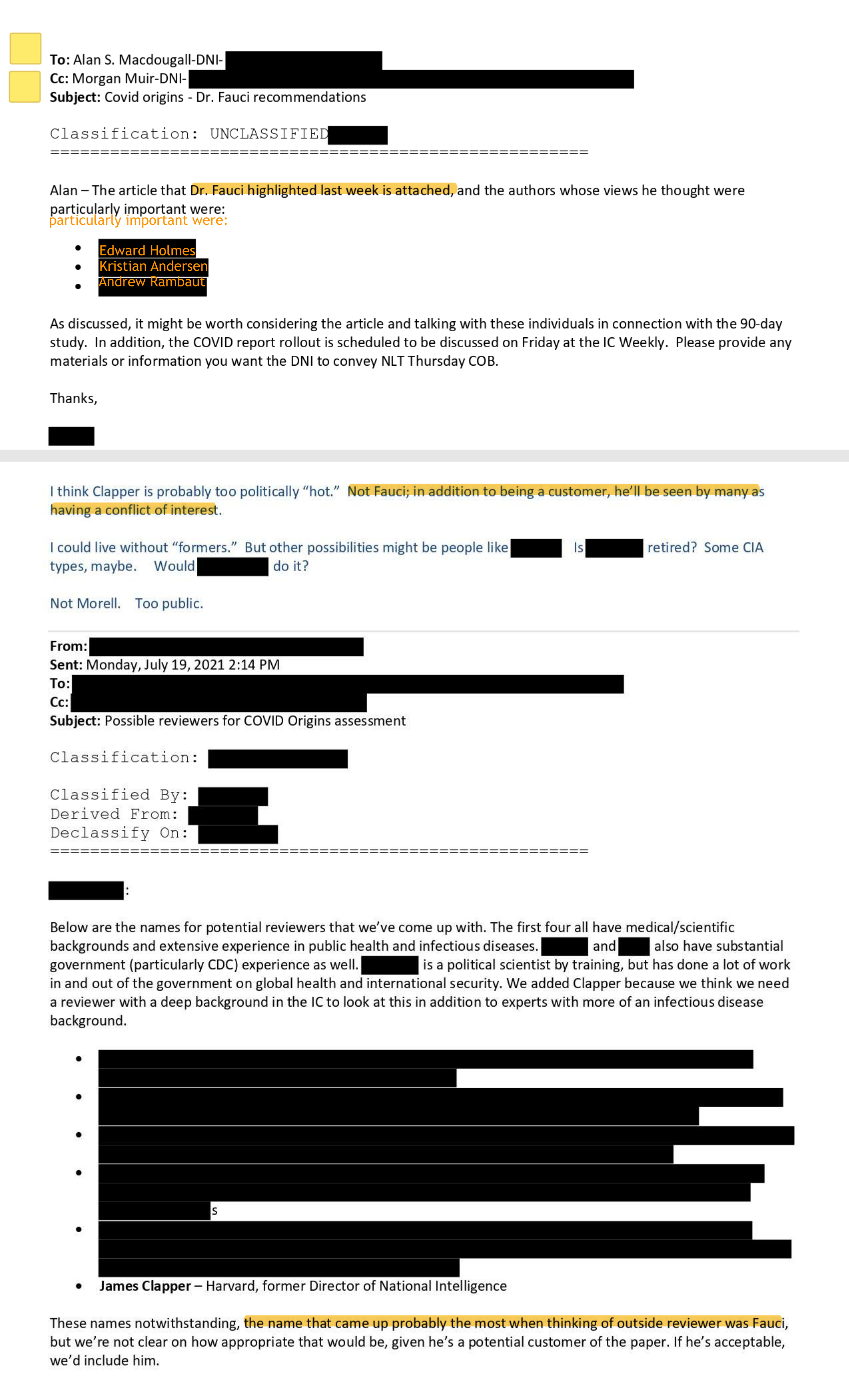 Two declassified ODNI documents, released by DNI Tulsi Gabbard: an email naming Edward Holmes, Kristian Andersen, and Andrew Rambaut as the 'Critical Review' authors Fauci highlighted as important, and the internal reviewer-shortlist discussion where Fauci's own name 'came up probably the most' despite being flagged as 'a potential customer' with a conflict of interest