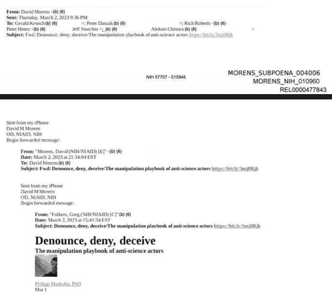 David Morens forwards Greg Folkers's Denounce, deny, deceive: The manipulation playbook of anti-science actors (bit.ly/3mj0Rjk) to Gerald Keusch, Peter Daszak, Rich Roberts, Peter Hotez, Jeff Sturchio, and Aleksei Chmura, 2 March 2023