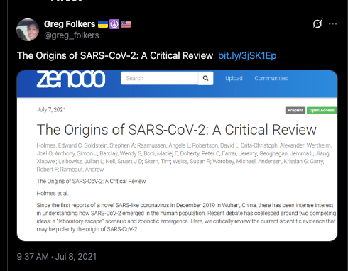 Greg Folkers (@greg_folkers), Fauci's NIAID Chief of Staff, tweets the Zenodo/Bitly link to The Origins of SARS-CoV-2: A Critical Review, timestamped 9:37 AM, Jul 8, 2021 in NZ time — 5:37pm EDT, 7 July 2021