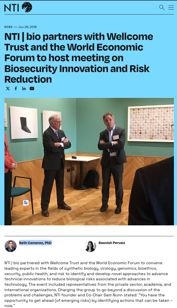 NTI–Wellcome–World Economic Forum (WEF) Biosecurity Innovation meeting, June 2018 — Farrar and Nunn present; Cameron co-authored the initiative paper