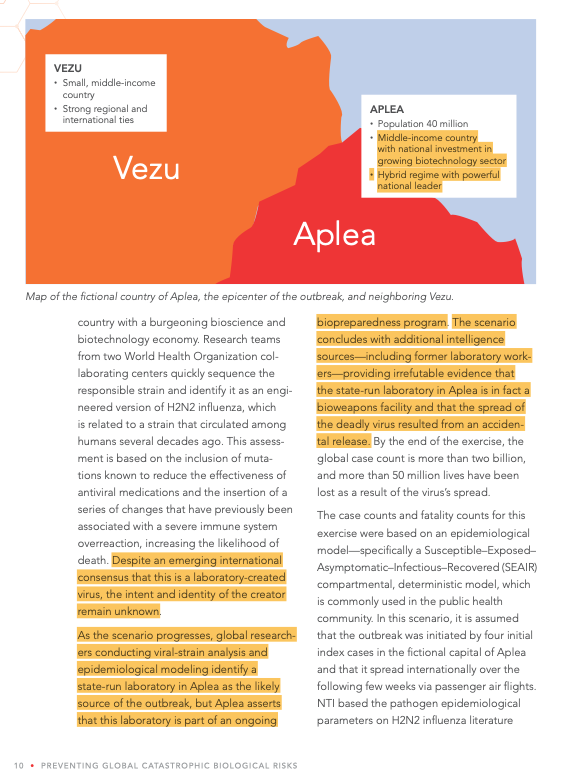 NTI report map and scenario text for the fictional country of Aplea — 'population 40 million,' 'middle-income country with national investment in growing biotechnology sector,' 'hybrid regime with powerful national leader' — the state whose lab is ultimately exposed as a covert bioweapons facility
