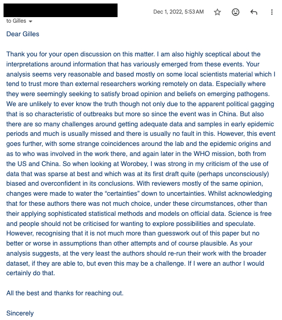 Screenshot of peer reviewer communication on Worobey et al. (2022), 1 December 2022, detailing methodological concerns