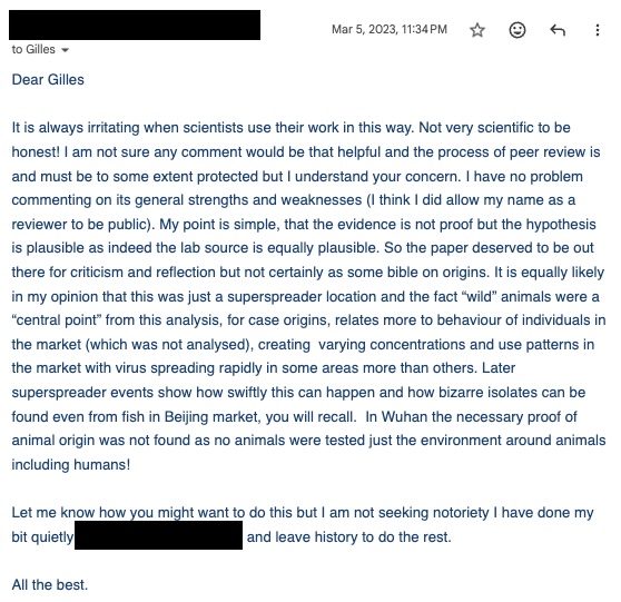 Screenshot of peer reviewer communication on Worobey et al. (2022), 5 March 2023, stating the methods were 'not very scientific to be honest!'
